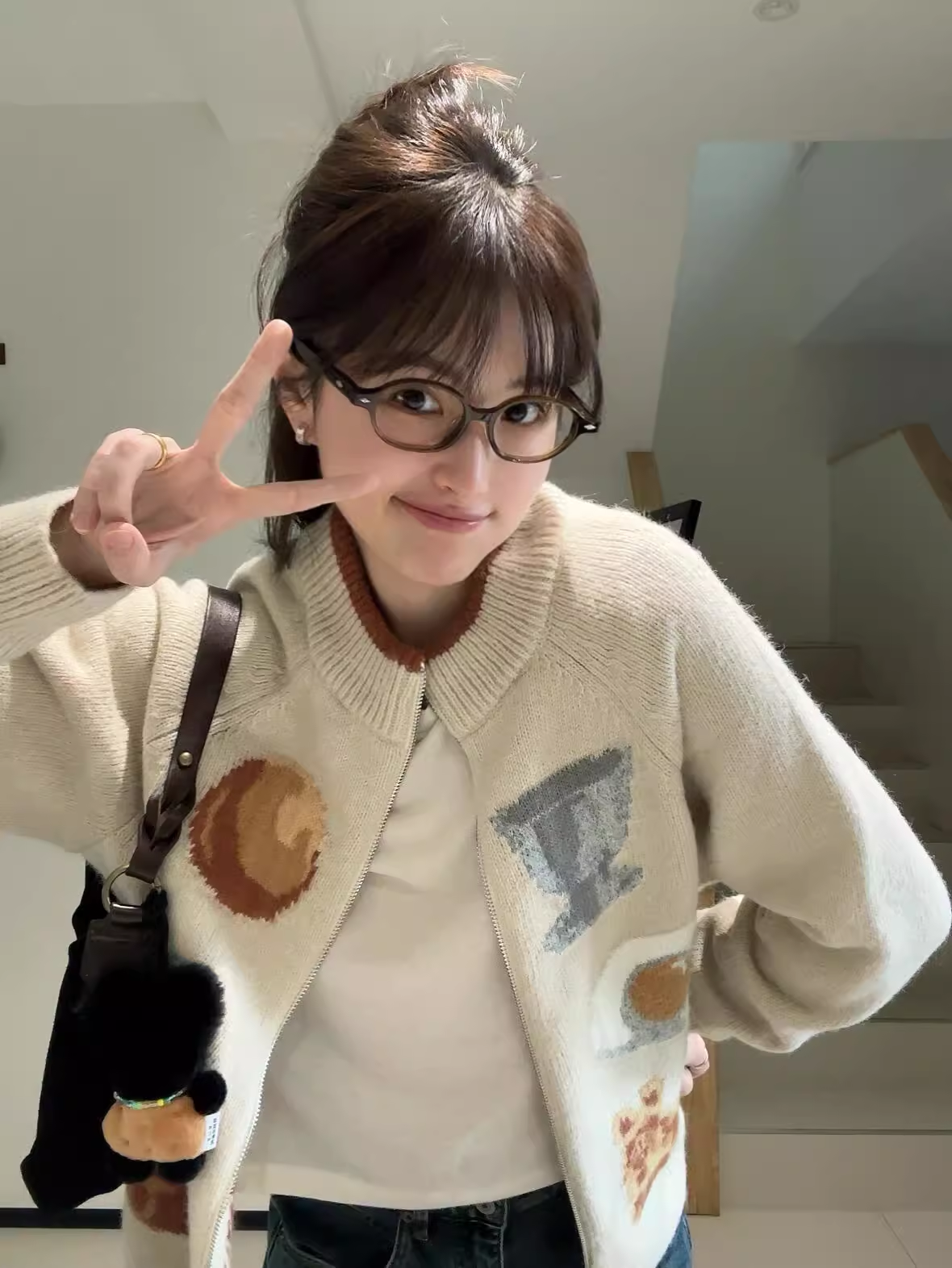 Beige Knitted Cardigan Zipper Jacquard Loose Sweater Jacket YM2396