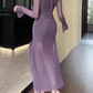 Fashion Purple Dress Mesh Ruffled Long Sleeves Dress YM972