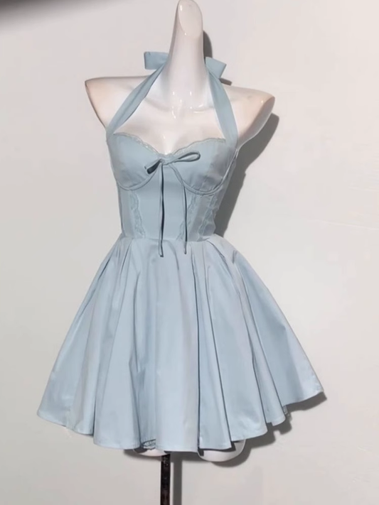 Blue Halter Neck A Line Short Birthday Dress Homecoming Dress YM2070