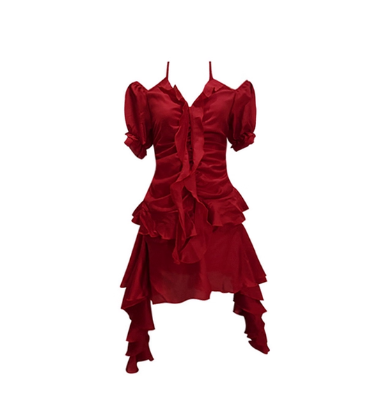 Sexy Hot-Girl Suspender Halter Dress Irregular Red Short Dress YM2314