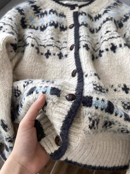 Vintage Jacquard Round Neck Knitted Cardigan Single-Breasted Sweater Coat YM2389