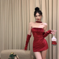 Halter Red Velvet Dress Sexy Strapless Short Birthday Outfits With Sleeves YM1836