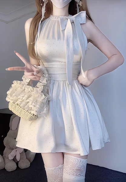Glitter Bow Halter Neck A Line Holiday Birthday Dress YM2126