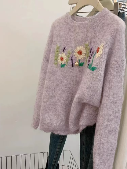 Purple Floral Knitted Sweater YM1852