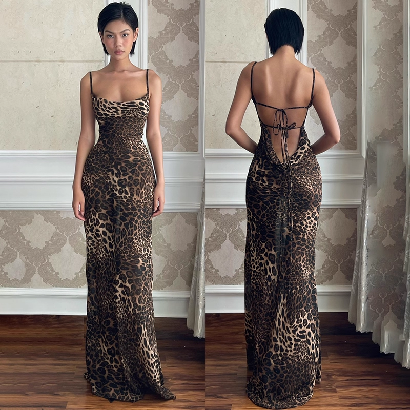 Sexy Suspender Vacation Dress New Style Strappy Large Backless Leopard Print Sheath Long Holiday Dress YM2229