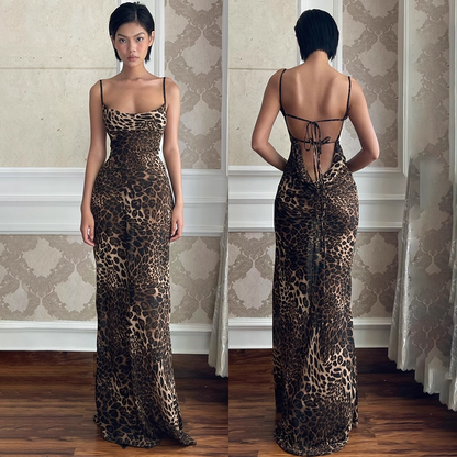 Sexy Suspender Vacation Dress New Style Strappy Large Backless Leopard Print Sheath Long Holiday Dress YM2229