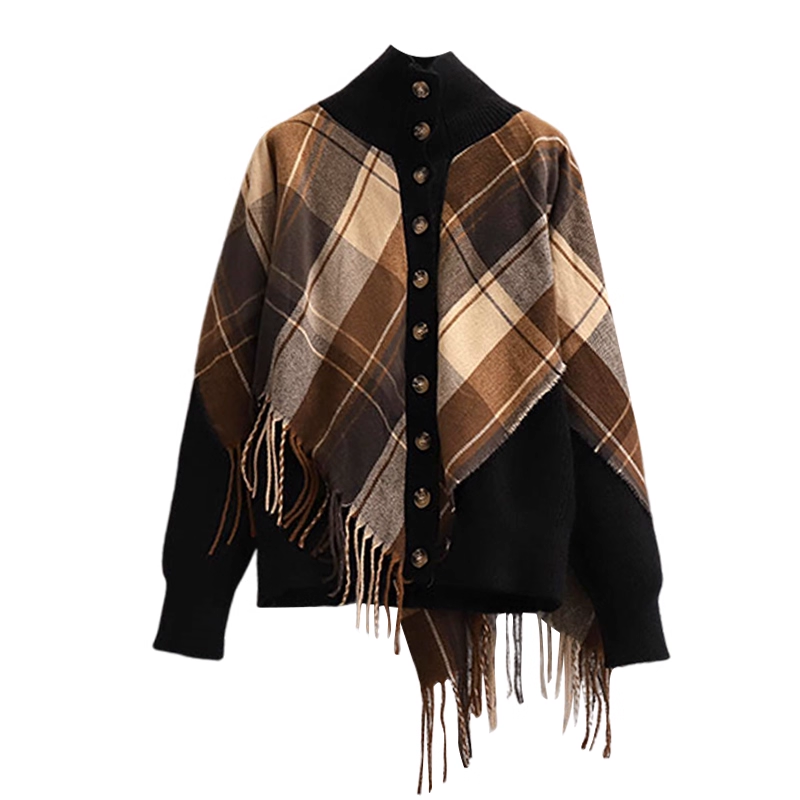 Fake Two-Piece Plaid Tassel Shawl Sweater Autumn Fashion Slim Temperament Knitted Jacket YM2296