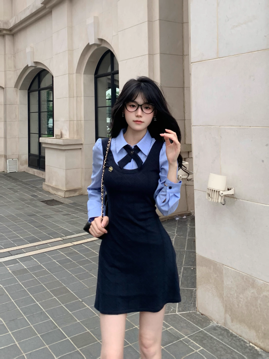 College Style Striped Shirt Fake Short Two Piece Dress Women's New YM2035