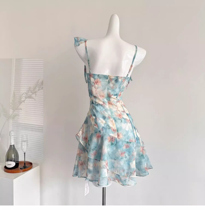 Spaghetti Straps Irregular Ruffles Short Holiday Dress YM2079