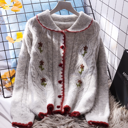 Embroidered POLO collar Short Sweater Cardigan Women's Loose Autumn New Japanese Knitted Jacket YM2343