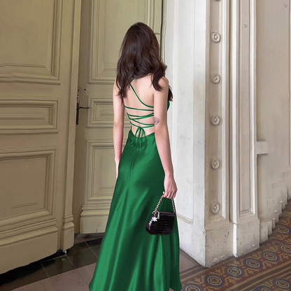 Simple Spaghetti Straps Green Satin Backless A Line Party Dress Birthday Dress YM2248