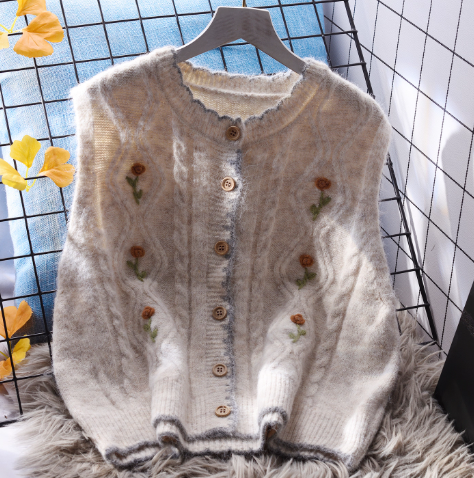 Floral Round Neck Knitted Vest Women's Sweet Waistcoat Top Sweater YM2352