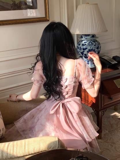 Sweet Pink Princess Organza Splicing Tie Waist Printed Puffy Prom Dress Birthday Party Dress YM2046