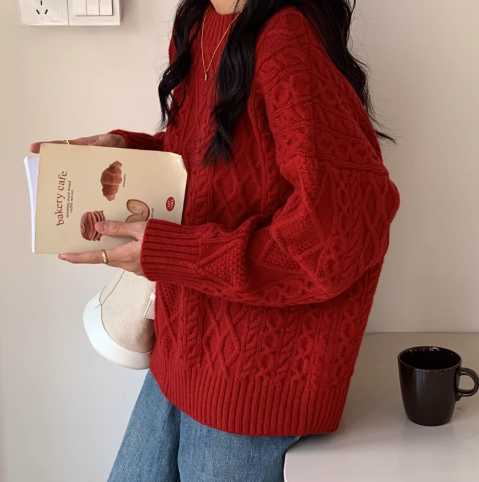New Year Red Sweater Retro Cable Knit Crew Neck Pullover Knit Sweater YM2423