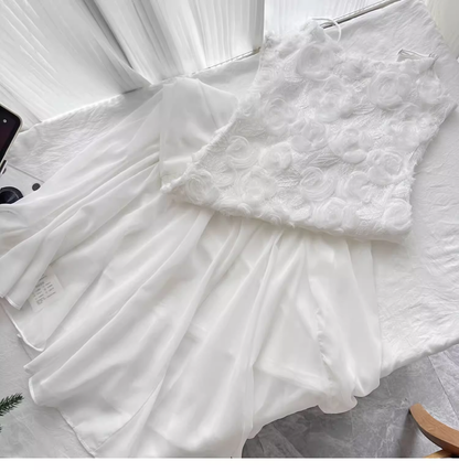 Elegant White Suspender Dress French Chiffon Waist Party Dress Mermaid Dress YM2092