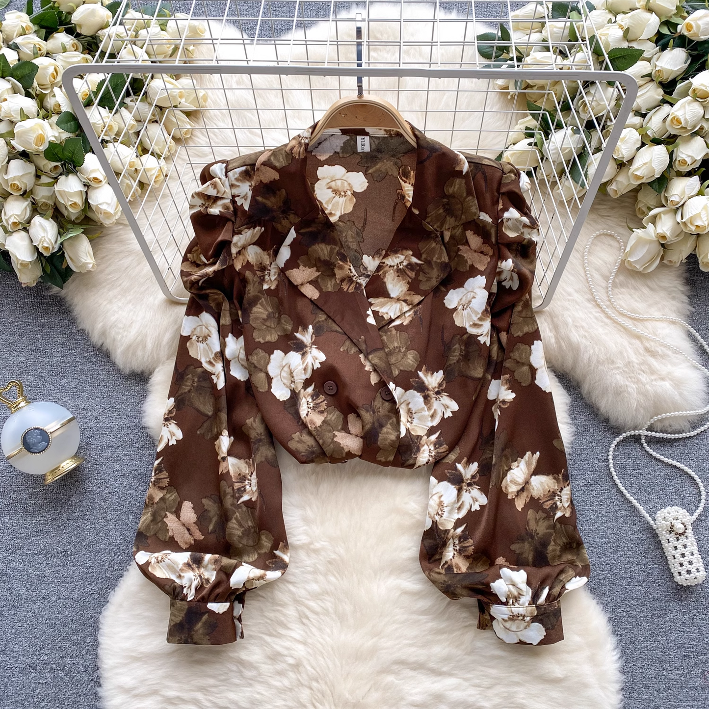 French pleated puff sleeve suit collar floral blouses YM559