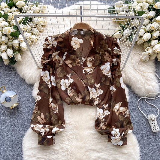 French pleated puff sleeve suit collar floral blouses YM559