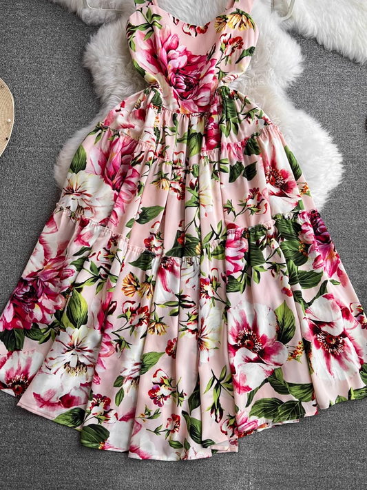 Retro summer fashion sleeveless backless printed a-line dress YM1061