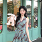 Retro Green British Style Sleeveless Bow Plaid Pleated Dress YM2038