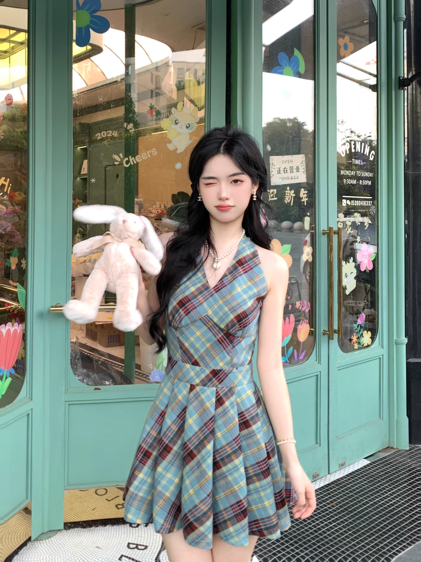 Retro Green British Style Sleeveless Bow Plaid Pleated Dress YM2038