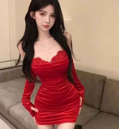 Red Sexy Strapless Short Holiday Dress Velvet Lace Suspender Mini Birthday Dress YM2342