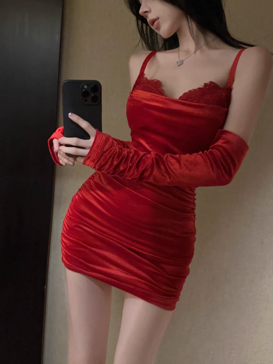 Red Sexy Strapless Short Holiday Dress Velvet Lace Suspender Mini Birthday Dress YM2342