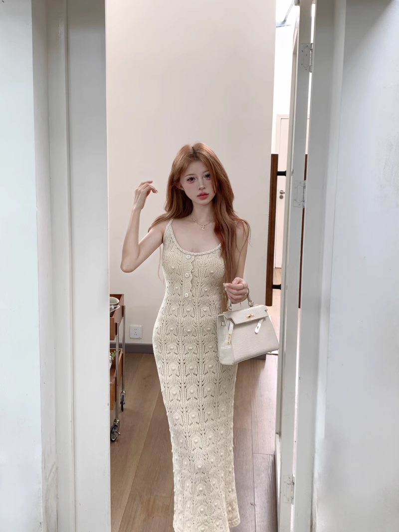 Hollow Knitted Suspender Dress Sexy Slit Long Dress YM1831