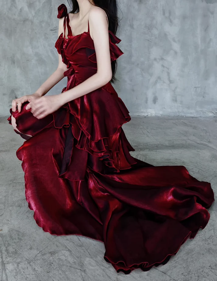 Irregular Ruffled Suspender Prom Dress Burgundy Long Birthday Dress YM1630