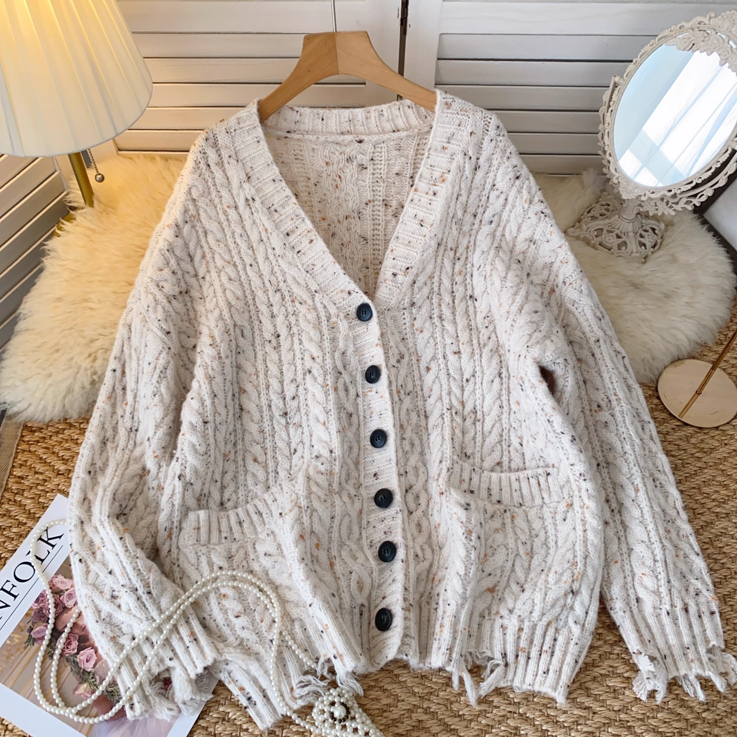 Lazy style sweater coat women autumn all-match cable knitted cardigan YM1584