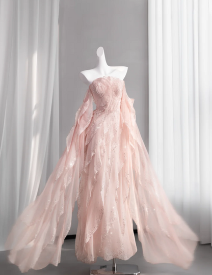 Girlish Blush Pink Chiffon Flowy Pleated Strapless A-Line Long Prom Dress Birthday Dress Ball Gown YM2695