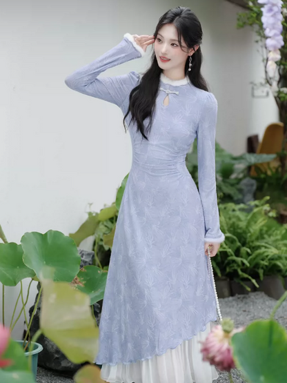 Gentle Lavender Printed Floral Tiered High Collar A-Line Maxi Women Dress Holiday Dress YM2745