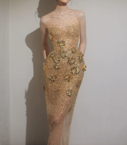 Gorgeous Golden Sequins Glitter Applique Strapless Sheath Long Prom Dress Evening Dress Ball Gown YM2690