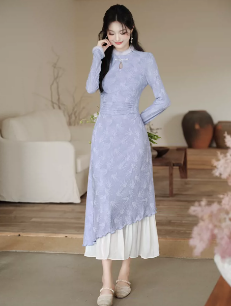 Gentle Lavender Printed Floral Tiered High Collar A-Line Maxi Women Dress Holiday Dress YM2745