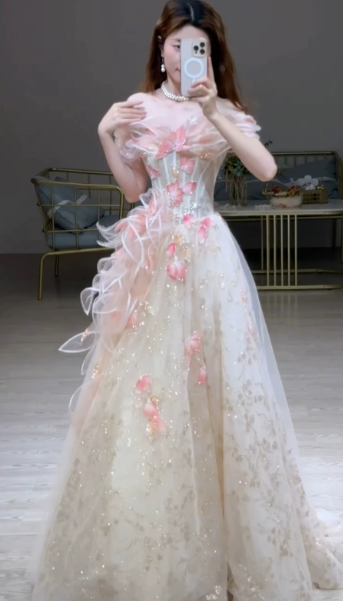 Charming White Tulle Applique Bateau A-Line Maxi Prom Dress Birthday Dress Ball Gown YM2700