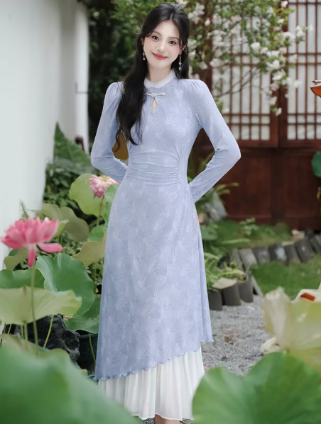 Gentle Lavender Printed Floral Tiered High Collar A-Line Maxi Women Dress Holiday Dress YM2745