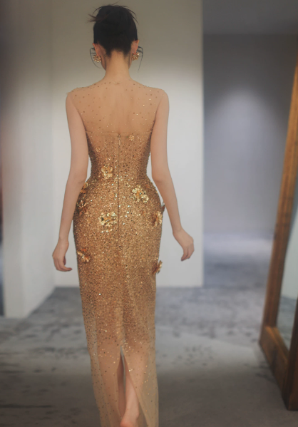 Gorgeous Golden Sequins Glitter Applique Strapless Sheath Long Prom Dress Evening Dress Ball Gown YM2690