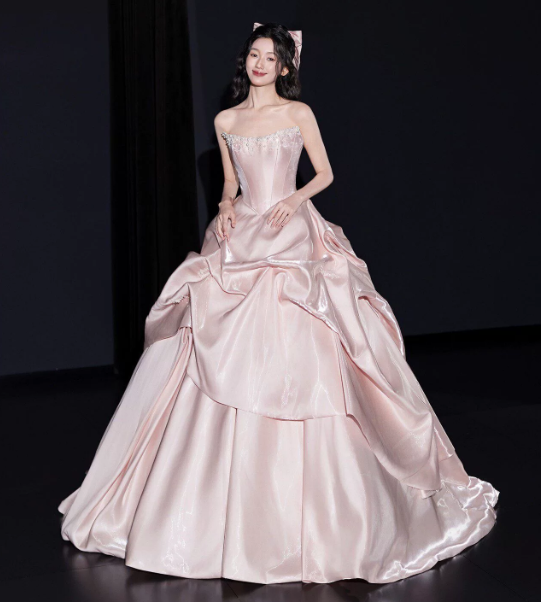 Dreamy Pink Satin Silky Strapless A-Line Long Prom Dress Birthday Dress YM2598