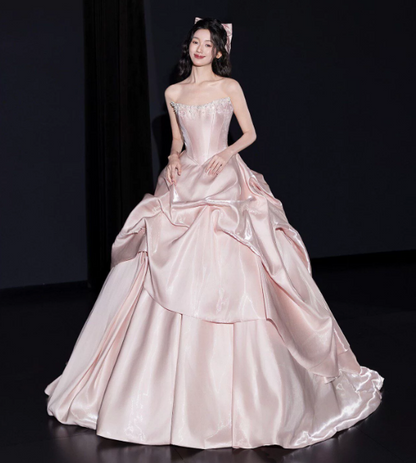 Dreamy Pink Satin Silky Strapless A-Line Long Prom Dress Birthday Dress YM2598