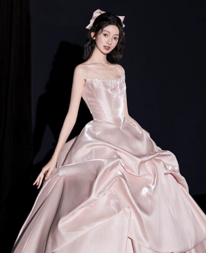 Dreamy Pink Satin Silky Strapless A-Line Long Prom Dress Birthday Dress YM2598