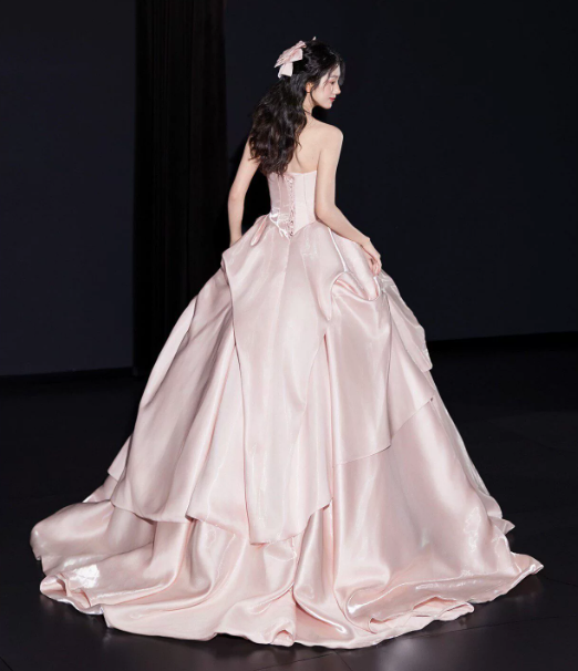 Dreamy Pink Satin Silky Strapless A-Line Long Prom Dress Birthday Dress YM2598