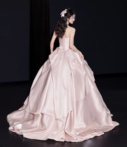 Dreamy Pink Satin Silky Strapless A-Line Long Prom Dress Birthday Dress YM2598