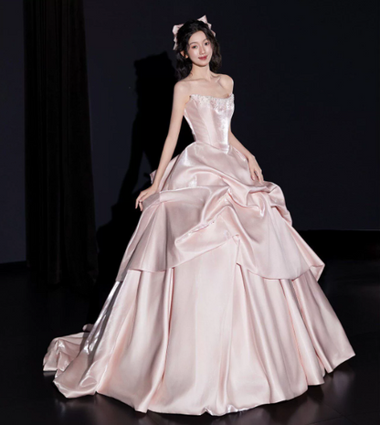 Dreamy Pink Satin Silky Strapless A-Line Long Prom Dress Birthday Dress YM2598