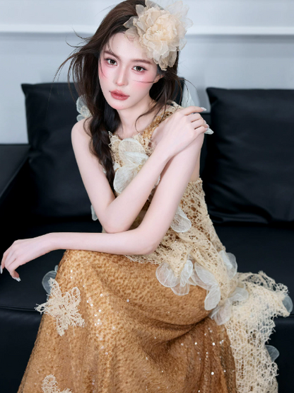 Stunning Warm Yellow Sequins Glitter Spaghetti Straps A-Line Long Prom Dress Birthday Dress Ball Gown YM2684
