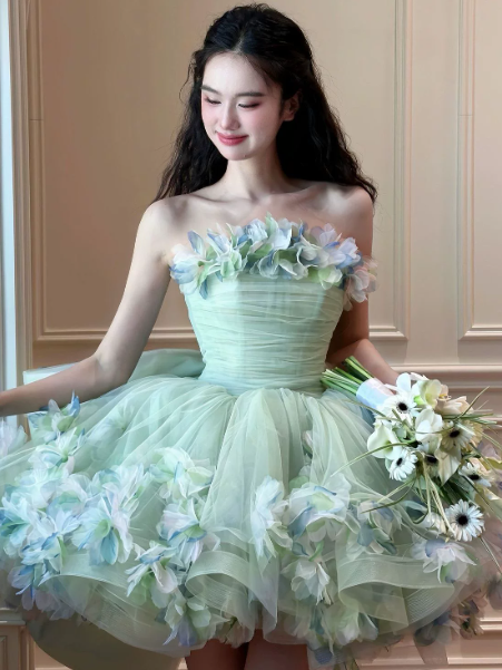 Dreamy Mint Green Tulle Floral Strapless A-Line Short Prom Dress Birthday Dress YM2599