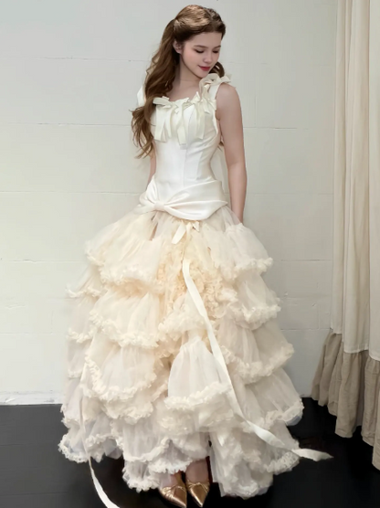 Gentle White Tulle Ruffled Puffy Spaghetti Straps A-Line Long Prom Dress Birthday Dress Ball Gown YM2685