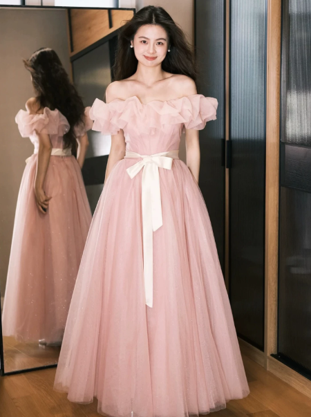 Girlish Pink Tulle Puffy Bateau A-Line Long Prom Dress Birthday Dress Ball Gown YM2657
