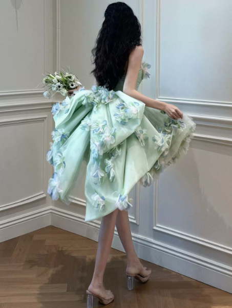 Dreamy Mint Green Tulle Floral Strapless A-Line Short Prom Dress Birthday Dress YM2599