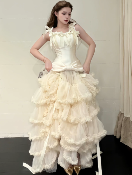 Gentle White Tulle Ruffled Puffy Spaghetti Straps A-Line Long Prom Dress Birthday Dress Ball Gown YM2685