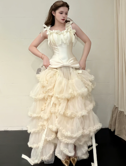 Gentle White Tulle Ruffled Puffy Spaghetti Straps A-Line Long Prom Dress Birthday Dress Ball Gown YM2685