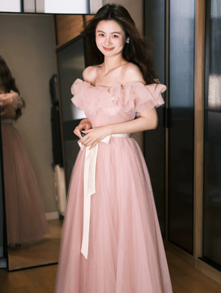 Girlish Pink Tulle Puffy Bateau A-Line Long Prom Dress Birthday Dress Ball Gown YM2657